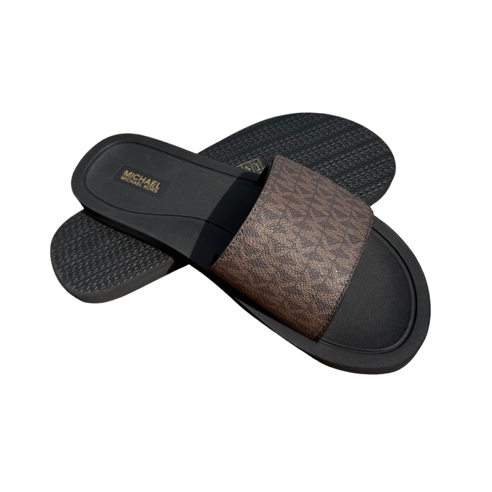 Michael Kors Patterned Womens Black and Brown Slide Sandals